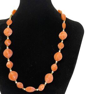 Vintage Coral Bead Necklace With Pink Gold  Pearl Accents 22"‎